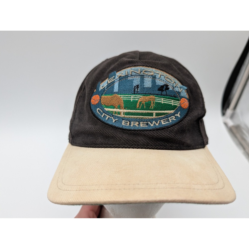 Vintage Lexington City Brewery Corduroy Hat Brown Tan Leather Strapback USA Made